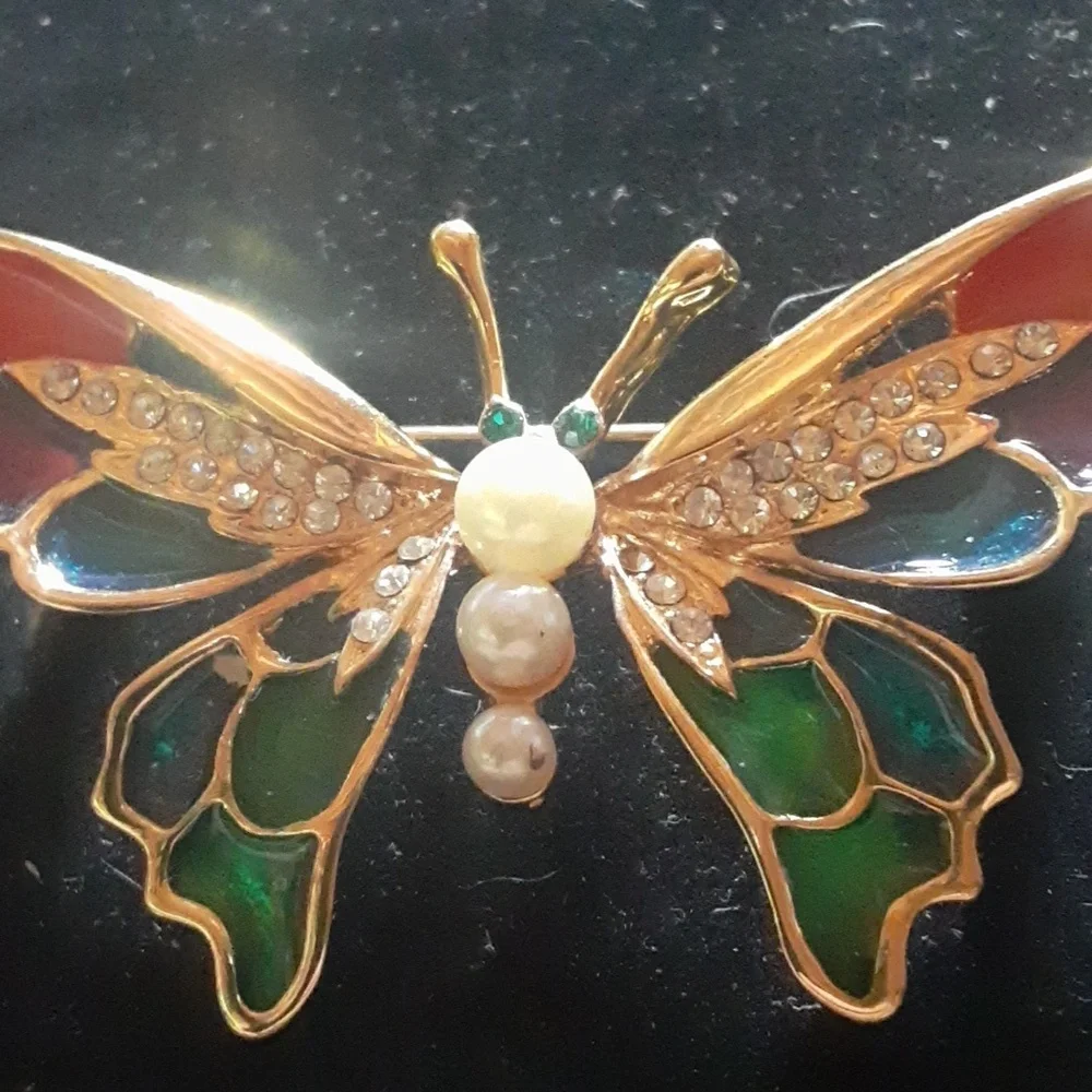 Elegant Butterfly Brooch with Gold Tone  and Green Accents